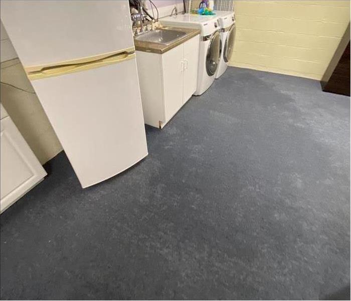 soaked gray carpet, washing dryer in basement